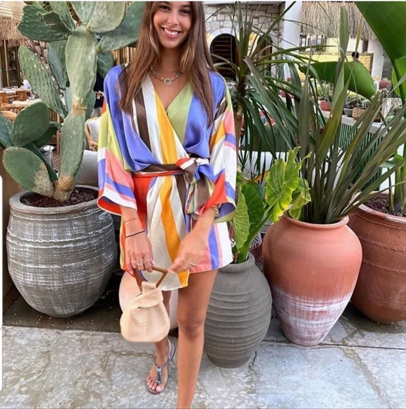 ZARA Satin Rainbow Striped Crossover Romper Playsuit Wrap Bloggers Fave - Picture 3 of 10